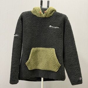 Champion‎ Sherpa Fleece Hoodie Black Olive Green Pocket Mens Size M